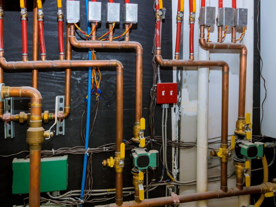 Copper pipework in a building plant room